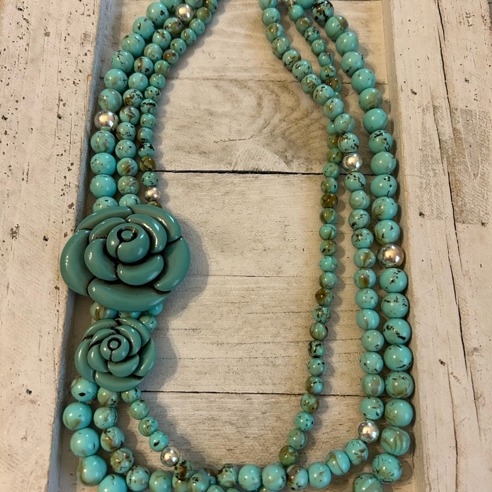 Blue Multi-Strand Necklace with Spiral Pendant